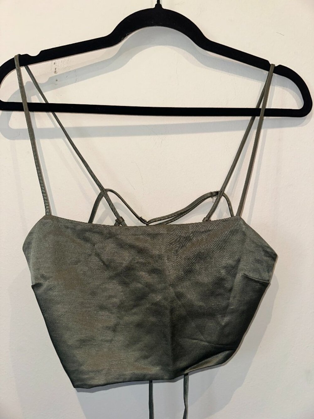 Zara Olive Green Satin Strappy Open-Back Crop Top